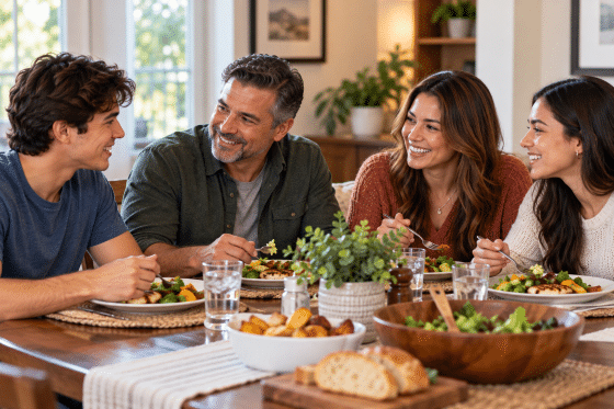 Blended family with adult stepchildren enjoying a relaxed dinner together.