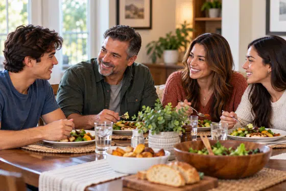 Blended family with adult stepchildren enjoying a relaxed dinner together.