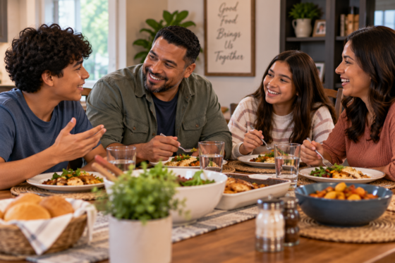 Blended family enjoying a relaxed dinner together while building stronger communication through everyday conversations.