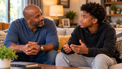 Stepdad listening attentively to his teenage stepson during a respectful conversation at home.