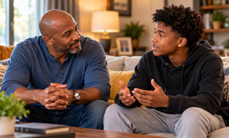 Stepdad listening attentively to his teenage stepson during a respectful conversation at home.