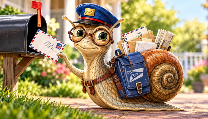 Snail mail - A cheerful cartoon snail dressed as a mail carrier delivers a letter to a neighborhood mailbox while carrying a satchel full of envelopes