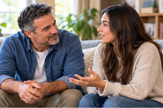 Stepdad listens with interest to his adult stepdaughter.