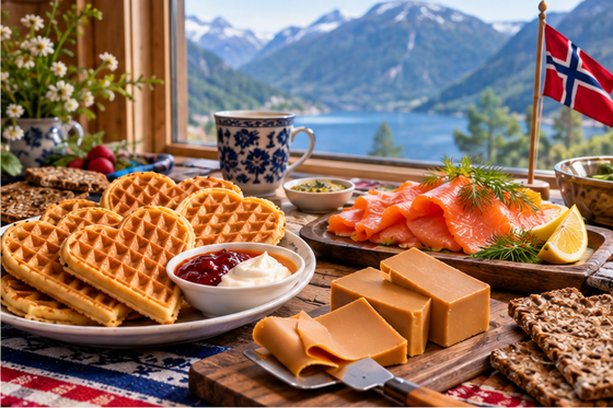 World Food Day fun facts: Norwegian heart-shaped waffles, brown cheese, smoked salmon, and traditional bread displayed beside a window overlooking a fjord.