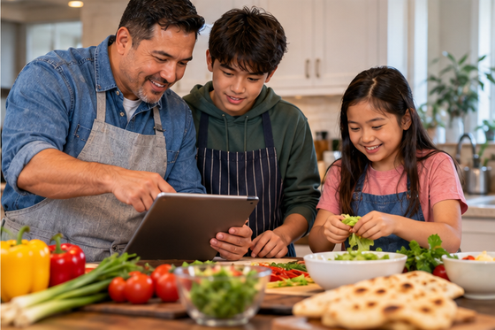 World Food Day fun facts: A stepfather and two children prepare an international meal together while following a recipe in their kitchen.